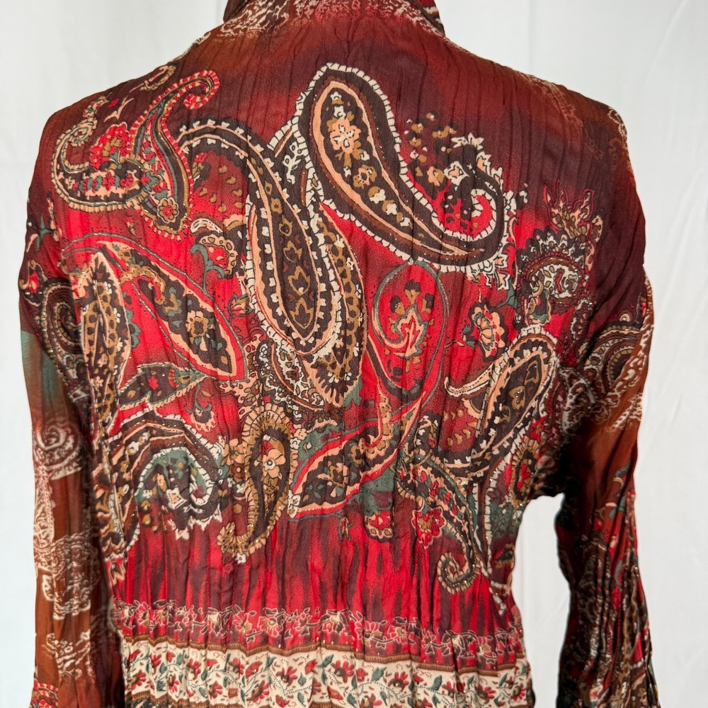 Piano Womens Large Paisley Print Crinkle Blouse Rust Red Boho Ribbon Trim Top - Picture 3 of 9